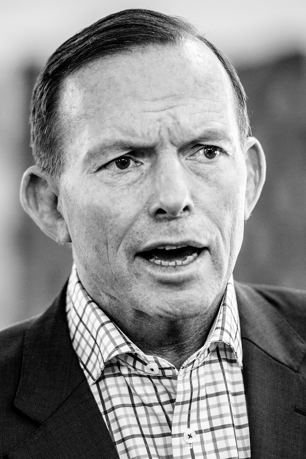 image of AARONTAIT COPYRIGHTED 2014 159 CORPORATE BUSINESS EXECUTIVES POWER COMMERCE DOCUMENTARY REPORTAGE TONY ABBOTT PRIME MINISTER AUSTRALIA BLACK AND WHITE BW DOORSTOP