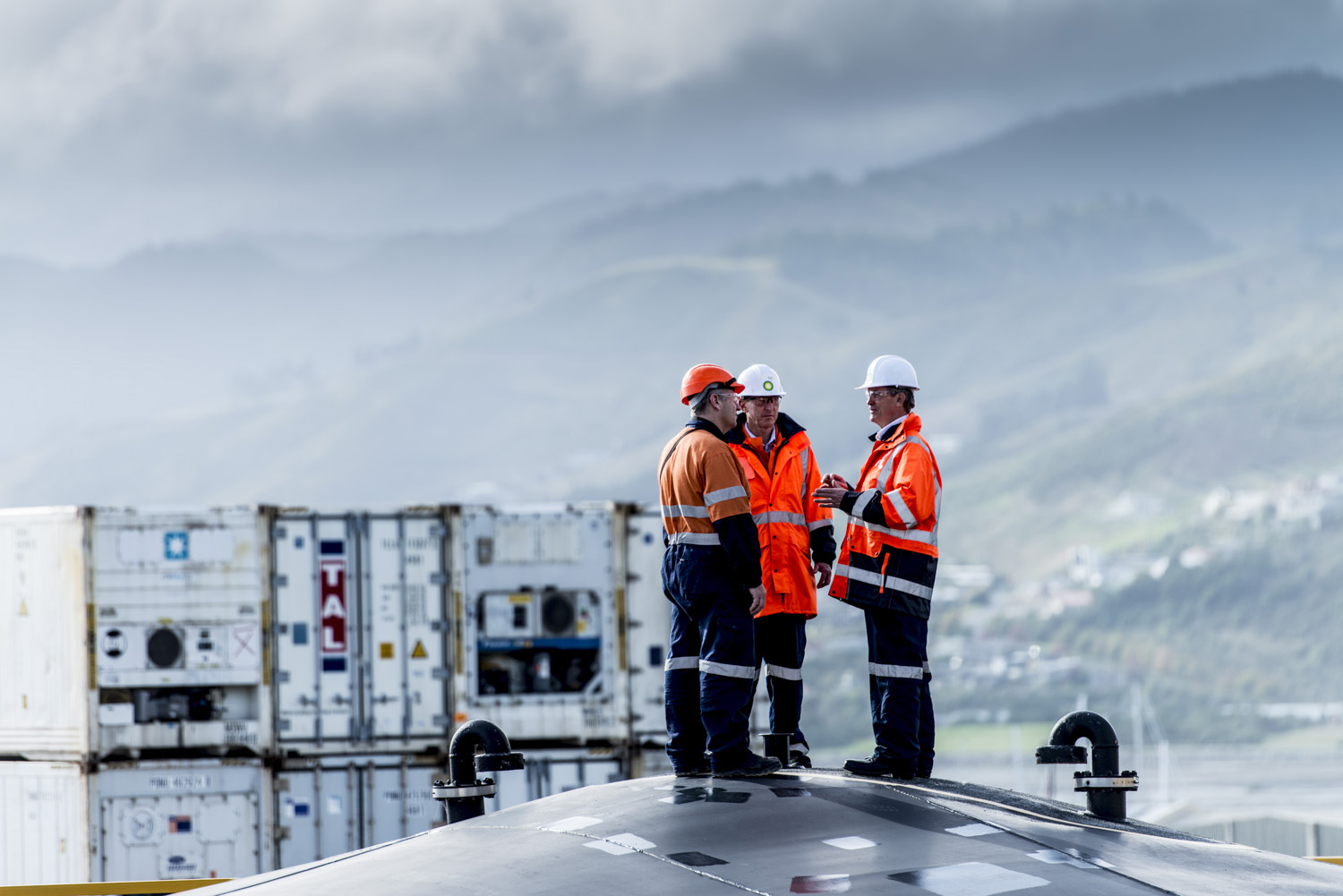 image of AARONTAIT COPYRIGHTED 2014 293 DOCUMENTARY PHOTOGRAPHER NEW ZEALAND EDITORIAL REPORTAGE CUSTOMER ENVIRONMENTAL HUMAN RESOURCES INTERVIEW REAL NATURAL LIGHT OIL FUEL TANK FARM MEETING INSPECTION HEALTH
